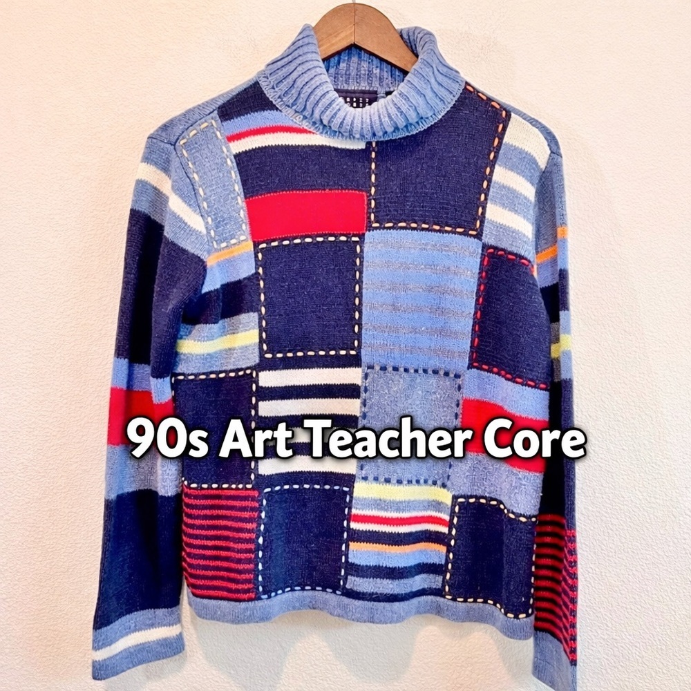 90s Patchwork Art Teacher Sweater Petite Liz Claiborne Colorblock PL